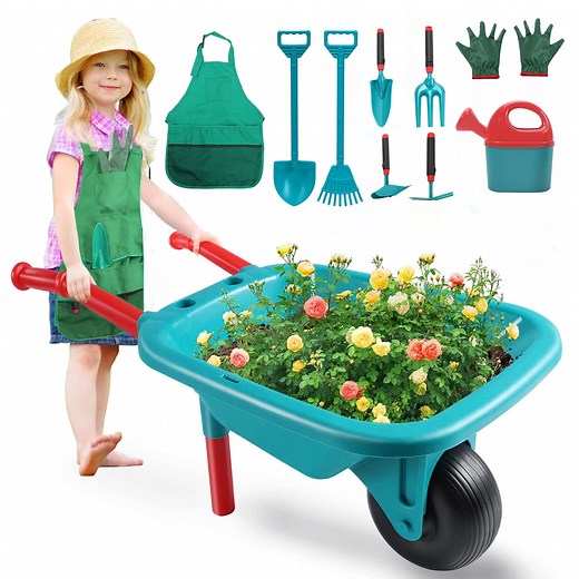 JoyStone Kids Gardening Tool Set with Wheelbarrow, Watering Can, Gloves, Shovel, Rake, Apron, Durable Plastic, Ages 3-6