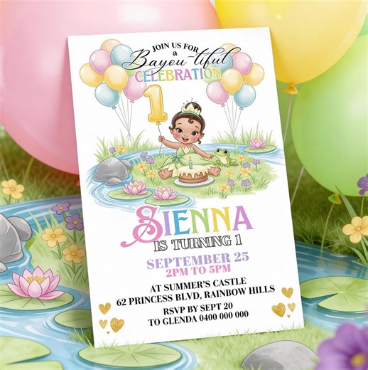Baby Princess Tiana 1st Birthday Invitation Editable Watercolor Invite Template Printable Digital Download - Etsy Australia