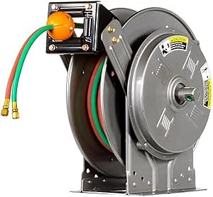 Hannay Reels N416-19-20-8J N400 Spring Retractable Oxygen Acetylene Oxy/Fuel Twin Hose Welding Reel, 3/8" x 50' Twin Grade R Hose + Hose Stop Heavy Gauge Steel Graphite Color Paint, Made in USA