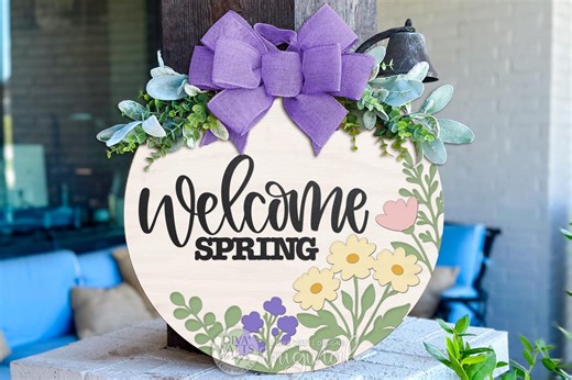 Welcome Spring Door Hanger SVG Laser Cut File Round Floral Spring Sign DIY Porch Decor Layered Welcome Spring Door Hanger Digital - Etsy