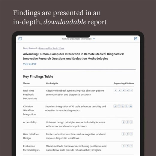 Deep Research is where innovation meets insight - a new, powerful agentic AI feature integrated into Scopus AI. While Scopus AI is known for providing reliable and concise research summaries, Deep Research takes it a step further by producing comprehensive and downloadable reports in just minutes. Here’s why early adopters are excited about this innovation: • Save time: Deep Research cut days off early-stage research • Simplify complexity: Get clear, synthesized insights across domains • Get spe