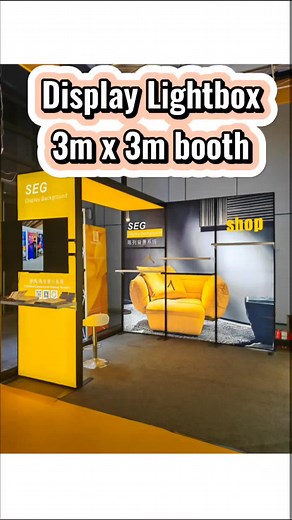 Display Lightbox with shelf and hanging bars to display product, for different booth size, we are pleased to offer you by modular solutions. #SEG Popup#lightbox #expo #backwall #events #exhibition #tradeshow #advertising #backdrop #background #portable lightbox#shop fittings#countertops #reception desk#counter #banner stand#popup frame#display equipment