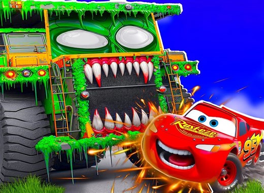 巨大矿山卡车变异成怪兽，闪电麦昆被攻击使用火箭弹