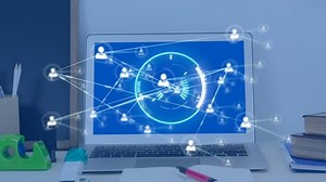 Animation of network of connections with icons and scope scanning over laptop. global connections and digital interface concept digitally generated video.