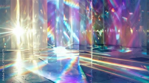A small intimate space with mirrored walls and a single spotlight pointed at a large faceted prism. As the light hits the prism it splits into a dazzling display of rainbows that seem .