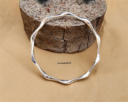 Sterling Silver Wave Bangle, Handmade Boho Stacking Bracelet, Recycled Silver Jewelry