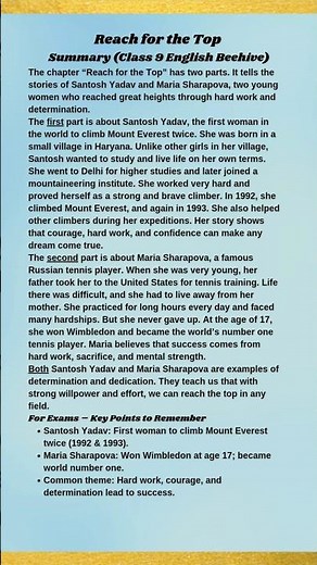 Reach for the Top Class 9 Beehive English Summary | Santosh Yadav & Maria Sharapova Easy Explanation