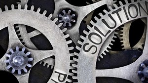 Group of rotating tooth wheels with Problem and Solution sign imprinted on metal surface. Concept of Idea, Goal and Success. High quality 4k video.