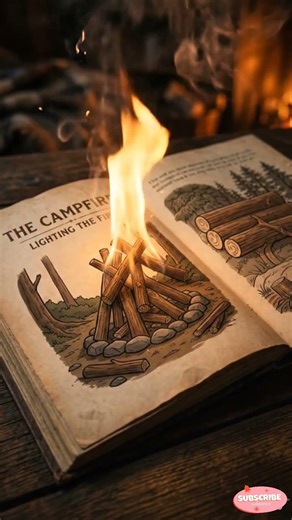 The flame touches the illustrated logs and suddenly ignites into a realistic fire rising above page.