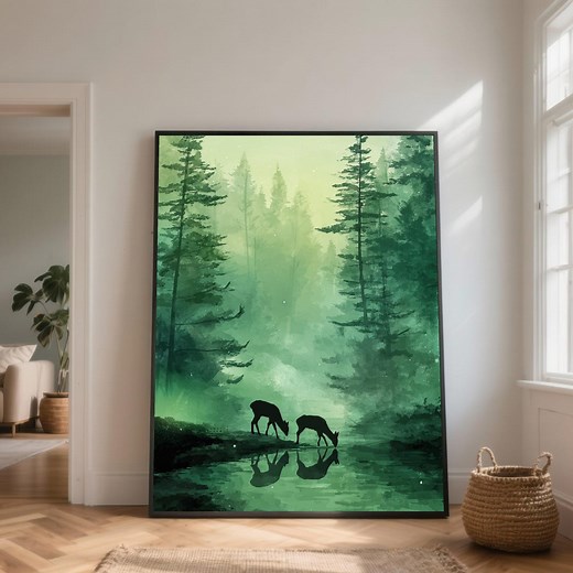 Tranquil Forest Scene Canvas, Deer Silhouette Wall Art, Green Nature Reflection, Woodland Landscape Decoration, Rustic Home Canvas Print - Etsy