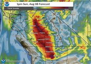 Here is the latest vertically integrated smoke projection from the Experimental High-Resolution Rapid Refresh computer model through tomorrow morning. Smoke from regional wildfires will be responsible for unhealthy air quality across the entire San Joaquin Valley. | US National Weather Service Hanford California