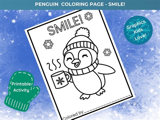 Penguin Coloring Page — SMILE | Winter Coloring Sheet for Kids | Cute Penguin Printable, Classroom Art Worksheet PDF - Etsy