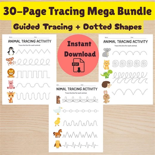 Animal Tracing Worksheets | Preschool Fine Motor Skills (PDF Pattern) - Etsy