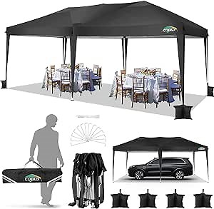 COBIZI Canopy 10x20 Pop Up Canopy Tent Without Sidewall Commercial Canopy with 4 Sandbags Easy up Outdoor Gazebo Tent 10x20 for Parties Beach Camping Party Event Shelter Sun Shade(10x20, Black)