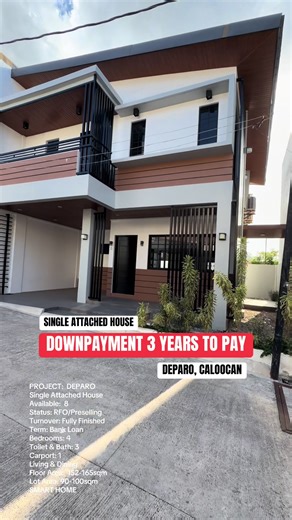 M0022: DEPARO SMART HOME 3 Years to Pay Down Payment | Single Attached House/Fully Finished Turnover | Safe & Secured Subdivision PROJECT: DEPARO Single Attached House Available: 8 Status: RFO/Preselling Turnover: Fully Finished Term: Bank Loan Bedrooms: 4 Toilet & Bath: 3 Carport: 1 Living & Dining Floor Area: 152-165sqm Lot Area: 90-100sqm SMART HOME 📍 Nearby Notable Establishments & Lifestyle Spots 🛍️ Shopping & Daily Needs Primark Center - Deparo Gilmar Primark Center Bagumbong Caloocan SM