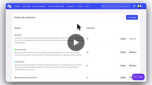 ✍️ Define en qué casos usar cada estatus directamente desde su configuración. La descripción aparece al pasar el cursor sobre el estatus en el pipeline, para que tu equipo sepa cuándo aplicarlo. | EasyBroker
