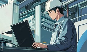 Engineer working on laptop in industrial server room illustration cartoon with ai generated.