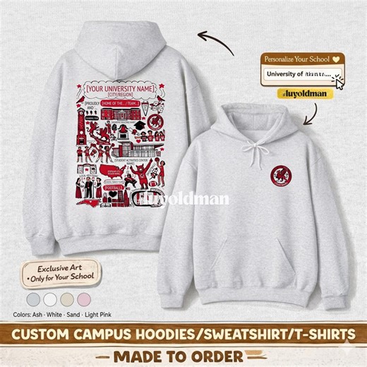 Custom University Campus Hoodie, Hand Drawn College Sweatshirt, Personalized College Merch, University Apparel, Campus Sketch Hoodie Gift - Etsy