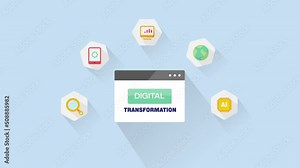 Digital transformation technology including AI, IOT, Analytics, marketing, devices - conceptual 2d animation 4k video clip.