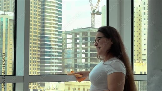 a young girl cleans a window in an apartment during the daytime, high quality 4k vertical video, daily home routine, Beautiful multi-ethnic woman housewife, maid using glass cleaner detergent