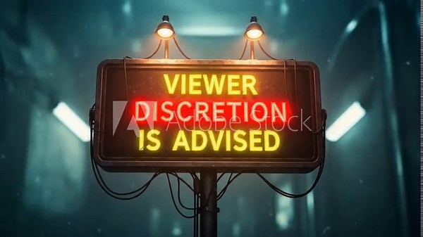 Retro-Futuristic 'Viewer Discretion Is Advised' Glowing Sign in Dark, Ominous Corridor, Cautionary Content Warning Concept