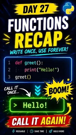 🐍 Day 27 LEARNING PYTHON— Functions Recap | Write Once, Use Forever! 🚀 #LearnPython #Python