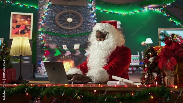 Santa Claus uses a laptop in his festive log cabin navigating online webpages to track gifts. The North Pole is filled with Christmas magic as Saint Nicholas embraces the digital age. Camera B.
