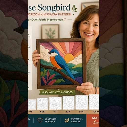 Sunrise Songbird Kinusaiga Pattern, Tropical Bird Fabric Mosaic Art, No-Sew #Kinusaiga #sewing
