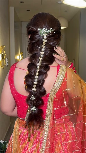 Isheeta Gupta on Instagram: "Try out this easy and simple VOLUME BRAID style with these small embellishments this wedding season. ✨💗 SAVE FOR LATER & ace the updo. [wedding braid, messy braid, hairdo tutorial, tutorial reels, hair tutorial vids, learn wedding hair, wedding hair tutorial, braid hair tutorial, hairdo ideas, tutorial reels, festive ideas, diwali hairdos, diwali hairdo reels, volume braid, volume hairstyles]"