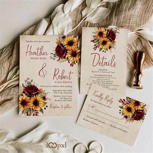 Sunflower Burgundy Rustic Wedding Invitation Set - Digital - Etsy