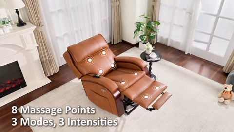 MCombo Power Lift Recliner Chair Sofa with Massage and Heat, Adjustable Headrest for Elderly People, Solid Wood Armrest, USB Ports, Side Pockets, Faux Leather 7917 (Tawny, Medium)