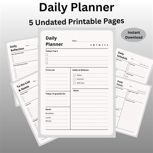 Daily Planner Printable, Undated Digital PDF, Schedule, Focus, to Do List, Reflection - Etsy
