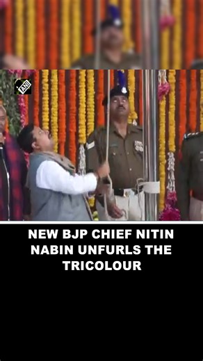New BJP chief Nitin Nabin unfurls the national flag at BJP headquarters in Delhi #NitinNabin #BJP #NationalFlag #Delhi #IndianPolitics | Asian News International (ANI)