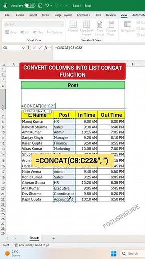 Convert Columns into List in Excel | Powerful CONCAT Function Trick 🔥 #focusinguide #short