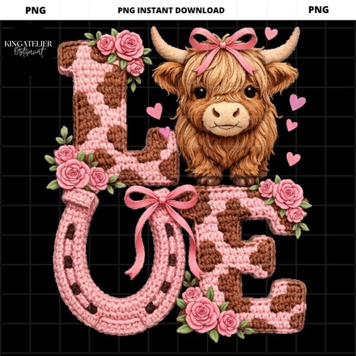 Highland Cow Crochet Love PNG – Faux Yarn Amigurumi Cow, Valentine Farm Clipart, Handmade Crochet Style, Instant Download - Etsy