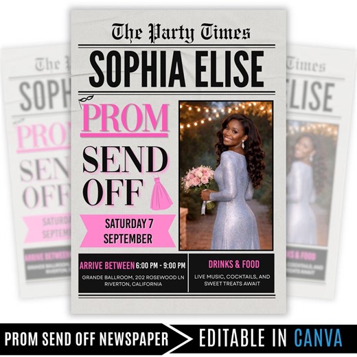 Newspaper Prom Invitation, Pre-prom Send off Flyer, Black and Pink Glam Queen Prom Night Announcement, Editable Social Media Invite - Etsy