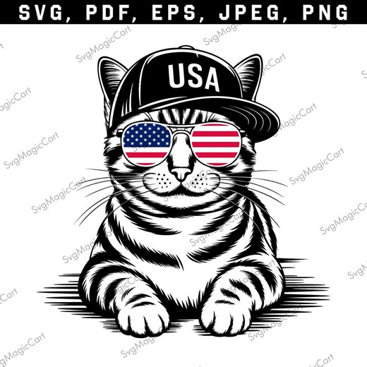 Patriotic Cat SVG, USA Baseball Cap American Sunglasses PNG, 4th of July Shirt Design - Etsy