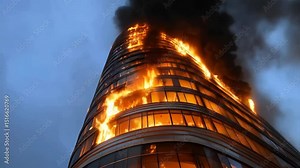 A high-rise building engulfed in flames, burning intensely with fire and smoke billowing from its windows.