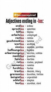 All of these "-los" words are adjectives in German. The suffix "-los" generally means "without" or "lacking", forming adjectives that describe the absence of something. For example: hilflos (helpless) → lacking help wortlos (wordless, silent) → lacking words endlos (endless) → lacking an end #learngerman #deutschlernen #germanlanguage #deutschkurs #german #deutsch #languagelearning #germanlearning #studygerman #germancourse #germanspired | Germanspired