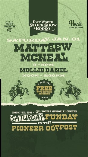 TODAY • TODAY • TODAY Join us for a Rescheduled SATURDAY FUNDAY at @fwssr . . . LIVE MUSIC IN THE PIONEER OUTPOST MATTHEW McNEAL 3-5pm @Matthew McNeal MOLLIE DANEL Noon-2:30pm Mollie Danel . . . 🎟️ FREE with Grounds Admission 🙌 EVERYONE is Welcome 😎 All Ages 🌞 Stay Warm with Heaters & Firepits 📍Will Rogers Memorial Center • Under the Tower 🍺 Bloody Marys, Mimosas, Red Beers & More 🍔 Food Available 🤠 This Thing is Legendary! TOMORROW We will Be Back for the Final SUNDAY FUNDAY with @CoryM