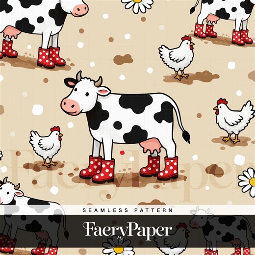 Cow in Boots Seamless Pattern - Farm Cow Digital Paper for Fabric, Crafts and POD
