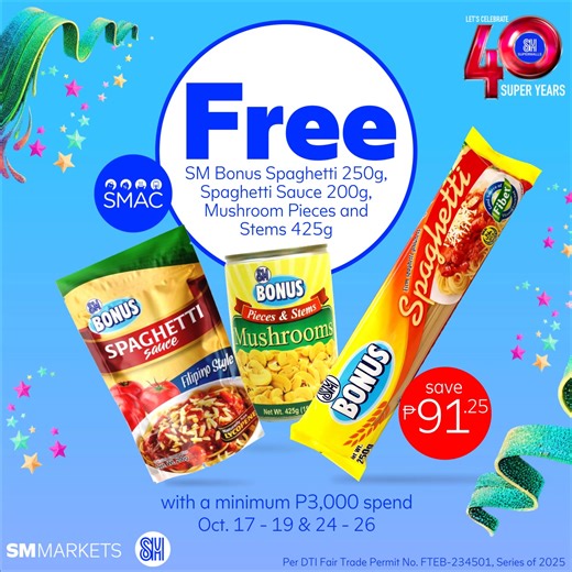 Tuluy-tuloy ang pa-promo as we celebrate 40 years of sulit finds! ✨ 2 for ₱50 Siopao, any flavor, weekdays of October Save ₱40 on SM Bonus Fresh Eggs (12pcs) with ₱2,000 spend – Oct 3–5 & 10–12 FREE SM Bonus Spaghetti Bundle with ₱3,000 spend – Oct 17–19 & 24–26 Don’t miss these anniversary treats—available in all SM Markets stores! | SM Markets