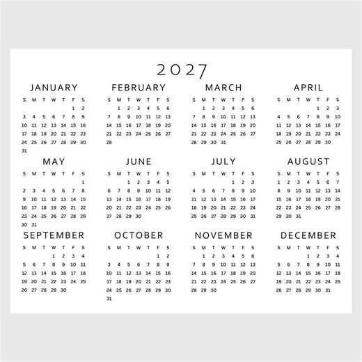 2027 Calendar Printable | Single Page | Full Year Calendar | Year at a Glance | Desk Calendar |monday and Sunday Start, A4 A5 US LETTER PDF - Etsy