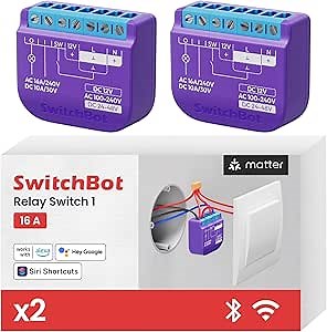 SwitchBot WiFi Switch 1 (Pack of 2) Compatible with Alexa/Apple Home/Google Home, Power Measuring Relay Switch Module with Built-in Bluetooth Repeater and Dry Contact, Wi-Fi 2.4 GHz, 16A