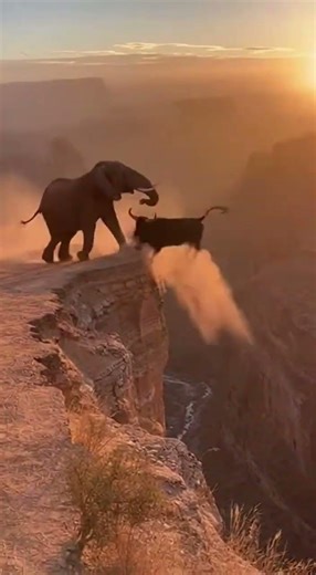 ELEPHANT RAMS BULL OFF CLIFF! 🐘🐂 Long Fall into Canyon! 【衝撃】野牛が崖から突き落とされる瞬間