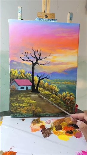 Sunset Mountain Painting with Pink Tree & Cozy House | Easy Acrylic Art Tutorial 🌄🌸