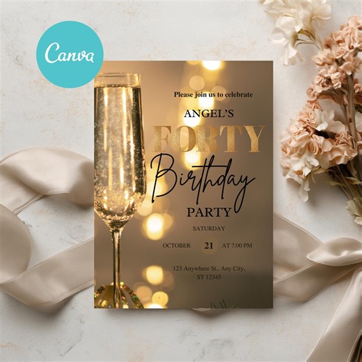 40th Birthday Invitation Gold Champagne, Editable Canva Template, Elegant Forty Birthday Party Invite , Digital Download - Etsy