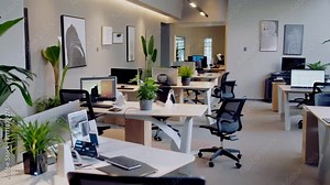 tech-focused co-working space with sleek desks, plants, and gadgets.