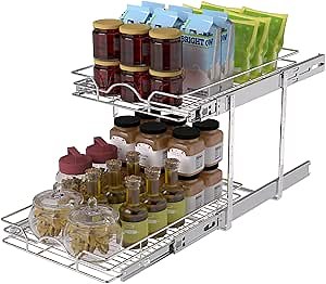 OCG 2 Tier Pull Out Cabinet Organizer (12.5" W x 18" D), Pull Out Drawers for Kitchen Cabinets, Pull Out Shelves for Base Cabinet Organization in Kitchen Bathroom Pantry, Chrome Finish