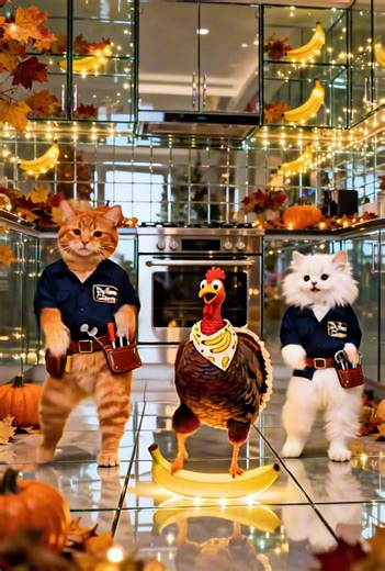 Thanksgiving prep got wild in this glass kitchen 😂🍌🦃 #GlassKitchen #ThanksgivingPets #CatDanceParty #TurkeyGroove #holidaylaughs